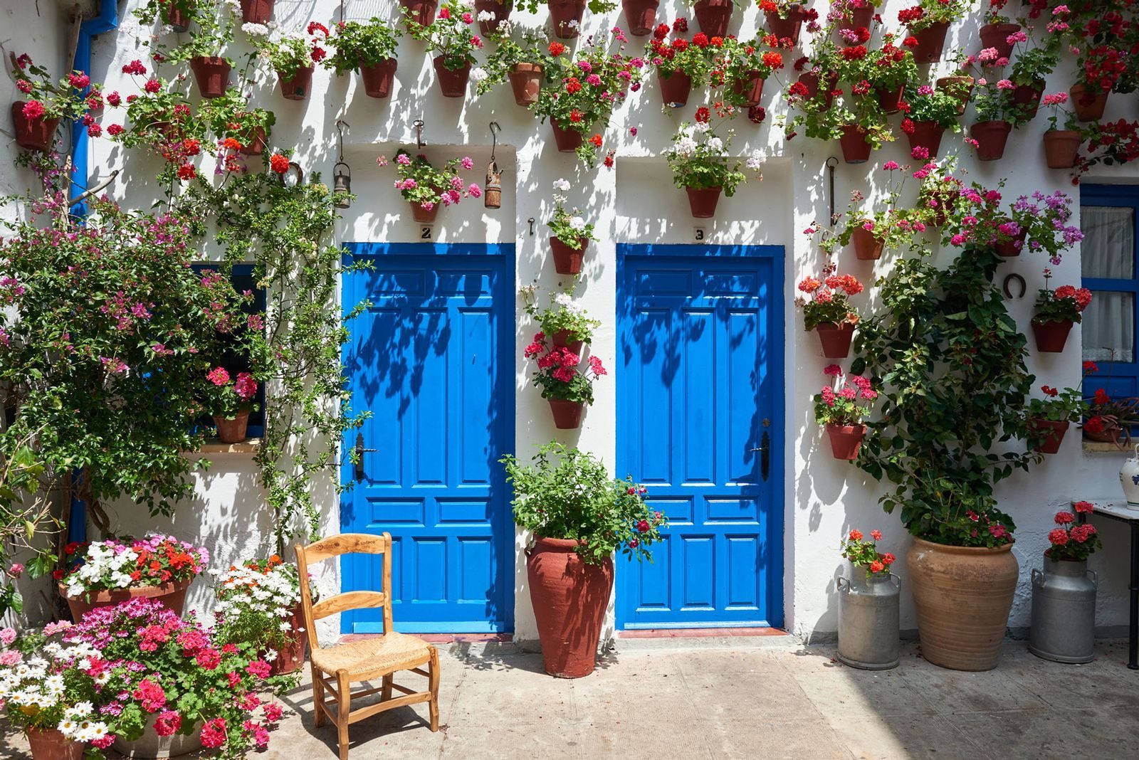 Puertas azules de un patio cordobés rodeadas de macetas de geranios